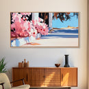 Flowers, Sunlit Walkway, Mediterranean Style Art, Floral Painting, Romantic Landscape, Framed Canvas Print, Outdoor Wall Art, Pastel Tones