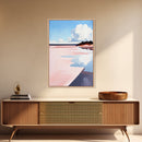 Pink Shoreline, Beach Reflection, Coastal Landscape, Framed Canvas Print, Ocean Wall Art, Nautical Home Decor, Relaxing Summer Vibes