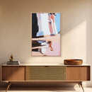 Sunlit Columns, Warm Architecture, Framed Canvas Print, Modern Urban Art, Minimalist Design, Soft Pastel Palette, Contemporary Home Decor