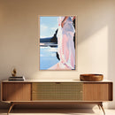 Woman by Water, Soft Pastel Art, Romantic Beach Scene, Minimalist Print, Framed Canvas Print, Tranquil Home Decor, Feminine Wall Art