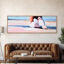 Woman, Pink Dress, Ocean Waves, Framed Canvas Print, Feminine Wall Art, Romantic Beach Scene, Soft Pastel Aesthetic, Dreamy Home Decor