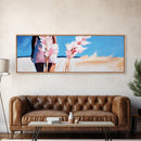 Woman Beach, Pastel Flowers, Feminine Art, Ocean View, Dreamy Coastal Decor, Framed Canvas Print, Bedroom Wall Art, Soft Aesthetic Art