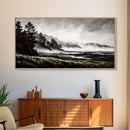 Foggy Hills, Woodland Landscape, Monochrome Art, Canvas Print, Rustic Nature Decor, Peaceful Wall Art, Mountain Art
