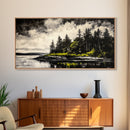 Island Escape, Black and White Landscape, Coastal Home Decor, Framed Canvas Print, Nature Wall Art, Cabin Living Art