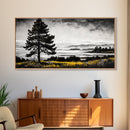 Foggy Pine Tree Art, Landscape Canvas Print, Black and White Painting, Autumn Wall Decor, Cabin Inspired Artwork, Framed Canvas Print
