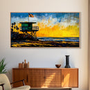 Lifeguard Tower, Sunset, Coast, Framed Canvas Print, California Beach Wall Art, Surf Decor, Vibrant Seaside Art, Coastal Home Decor