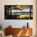 Oceanfront Cafe, Tropical Beach View, Nautical Home Art, Relaxing Coastal Decor, Boho Beach House, Seaside Paradise, Framed Canvas Print