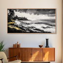 Rocky Shore, Monochrome Art, Serene Beach, Canvas Print, Coastal Landscape, Minimalist Art, Office Wall Decor, Nature Inspired Art