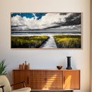 Beach Boardwalk, Coastal Landscape, Black and White Seascape, Nautical Decor, Living Room Artwork, Beach House Scene, Framed Canvas Print