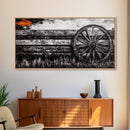 Rustic Wagon Wheel, Western Wall Art, Farmhouse Decor, Vintage Country Style, Black and White Canvas Print, Living Room Wall Art