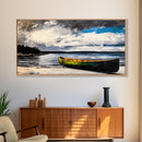 Green Canoe, Tranquil Art, Lake Landscape, Serene Cabin Wall Art, Adventure Home Decor, Living Room Art, Framed Canvas Print
