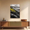 Cliffs, Ocean View, Framed Canvas Print, Coastal Landscape, Beach House Decor, Nature Wall Art, Black White Yellow Art, Scenic View