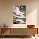 Cliffside View, Ocean Horizon, Cloudy Sky, Framed Canvas Print, Beach House Decor, Monochrome Wall Art, Relaxing Scenery