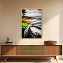 Driftwood Shore, Ocean Beach Wall Art, Modern Coastal Decor, Nature Seascape Print, Tranquil Waves, Framed Canvas Print
