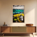 Coastal Lantern, Ocean Shore, Yellow Blue Art, Framed Canvas Print, Nautical Wall Art, Beach House Decor, Rustic Modern Art