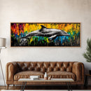 Dolphin Splash, Ocean Wildlife, Framed Canvas Print, Colorful Wall Art, Beach House Decor, Living Room Art, Vibrant Sea Life Painting