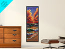 Ocean Sunset, Glow, Waves Framed Canvas Print glowing beach sunset wall art, vivid wave painting, warm coastal decor, boho beach house art