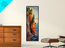 Coastal Cliffside, Waterfall, Pines - Framed Canvas Print, vibrant coastal landscape art, boho nature painting, hallway or office wall art