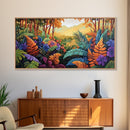 Jungle, Colorful, Leaves, Bold tropical jungle scene with vibrant foliage and golden sunlight, Canvas Print, boho bedroom wall art