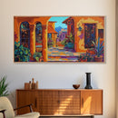 Spanish Courtyard, Colorful Villa Street, Southwest Patio Art, Framed Canvas Print, Mediterranean Home Decor, Rustic Wall Art