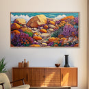 Coastal Garden, Rocks, Framed Canvas Print, Seaside nature landscape wall decor, Kitchen Wall Art, coastal art, vibrant summer vibe