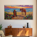 Horse Beach, Sunset, Western, Framed Canvas Print, Cowboy Art, Coastal Wall Decor, Rustic Boho Style, Entryway Statement Piece
