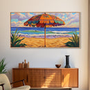 Umbrella Beach, Ocean, Framed Canvas Print, Colorful Beach Umbrella Painting, Retro Coastal Wall Decor, Summer Kitchen Art