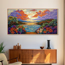 Sunset Floral, Lake, Garden, Framed Canvas Print, romantic nature painting, bedroom wall art, bright flower garden decor, sunset print