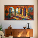 Courtyard Villa, Colorful, Tiles, Framed Canvas Print, Spanish villa artwork, warm terra cotta boho decor, kitchen or hallway wall art