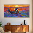 Sunset Loon, Splash, Painting, Framed Canvas Print lakehouse wall art, coastal bathroom decor, vibrant nature print, ocean artwork