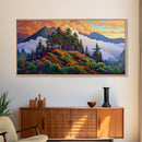 Mountain Trees, Sunset Ridge, Cloudy Peaks, Framed Canvas Print, Nature Inspired Wall Art, Autumn Living Room or Office Decor