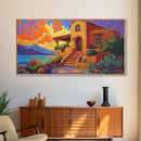 Desert Adobe, Sunset, Southwest, Framed Canvas Print, southwestern home art, rustic decor, living room wall art, fall adobe style