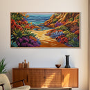Colorful Beach, Pathway, Painting, Framed Canvas Print vibrant coastal trail wall decor, tropical beach boho art, hallway accent