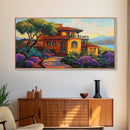 Villa Hillside, Coastal, Colorful, Framed Canvas Print Mediterranean house art, vibrant landscape painting, kitchen boho decor print
