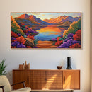 Lake Sunset, Desert, Mountains, Framed Canvas Print, colorful landscape wall decor, boho living room art, nature lovers gift