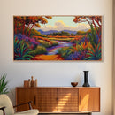 River Wildflowers, Autumn Trees, Mountain View, Framed Canvas Print, Fall Nature Art, Kitchen Wall Decor, Boho Landscape Painting