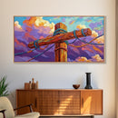 Wooden Pole, Nautical, Rope, Clouds, Framed Canvas Print, Rustic Coastal Art, Bathroom Wall Decor, Ocean-Inspired, Beach House Style