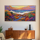 Sunset Ocean, Garden, View, Framed Canvas Print, coastal sunset wall art, tropical flowers, beach décor, boho landscape, living room