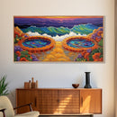 Hot Tubs, Ocean, Sunset, Waves, Framed Canvas Print, Seaside spa art, whimsical coastal print, boho beach bathroom art, spa decor