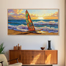 Windsurf Sunset, Beach Scene, Canvas Print, colorful surfboard at sea painting, coastal adventure, Bedroom Wall Art, surfer boho art