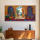 Archway Ocean, Tropical, Framed Canvas Print, Colorful tropical patio view through arch, Mexican coastal decor, Dining Wall Art