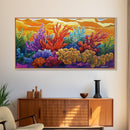 Reef Sunset, Underwater, Framed Canvas Print, Vibrant coral reef with tropical plants, sunset sky, Beachy decor, Bathroom Wall Art
