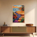 Beach Cliff, Waterfall, Sunset, Canvas Print bold beachside cliff art, ocean waterfall wall decor, coastal boho painting, living room print