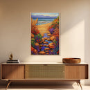 Path Ocean, Flowers, Shoreline, Framed Canvas Print, Bright coastal landscape, colorful wildflower path, Bathroom or Entryway Wall Art