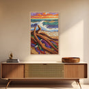 Driftwood Waves, Beach, Sunset, Framed Canvas Print, Coastal stormy beach scene, textured seascape painting, Nautical Bathroom Wall Art