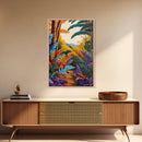 Tropical Jungle, Foliage, Path, Framed Canvas Print, Vibrant Botanical Wall Art, Boho Living Room Decor, Colorful Nature Painting