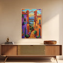 Bridge Street, Sunset, Framed Canvas Print, Colorful Cityscape Wall Art, Vibrant Urban Decor, Boho Architecture Print, Hallway Wall Art