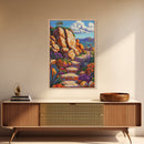 Rocky Pathway, Flowers, Framed Canvas Print, Vibrant Desert Trail Art, Colorful Landscape Wall Decor, Boho Living Room Wall Art