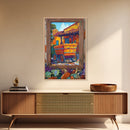Rustic Wagon, Village, Colorful House Framed Canvas Print, Southwest Home Decor, Farmhouse Kitchen Wall Art, Mexican Art Style