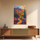 Colorful Mountain, Pathway, Autumn, Framed Canvas Print, Vibrant Fall Landscape Art, Boho Living Room Decor, Nature Wall Painting